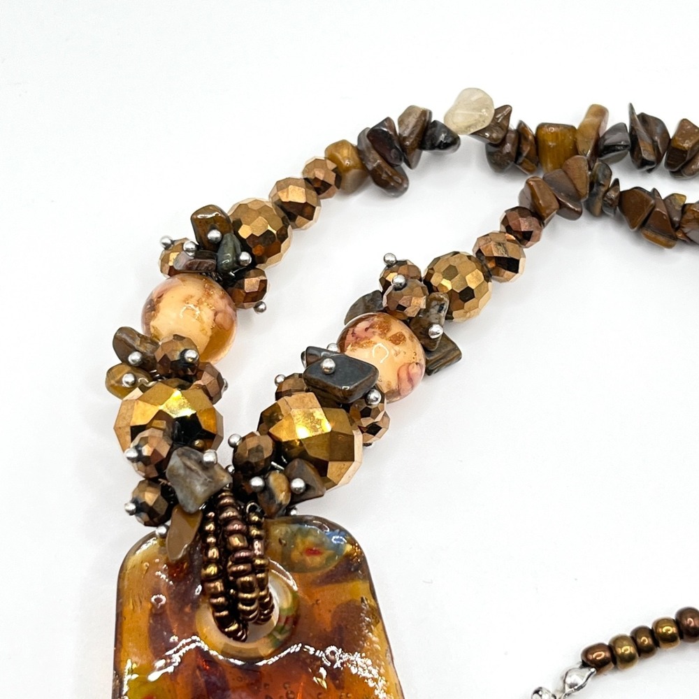 Erica Lions Brown Millefiori Style Glass Pendant Beaded Necklace 20" - Picture 11 of 14